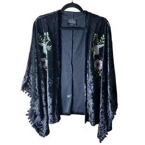 Gypsy Heart Black Velvet Kimono Embroidered Crane Floral Pom Pom Boho Chic Sz M